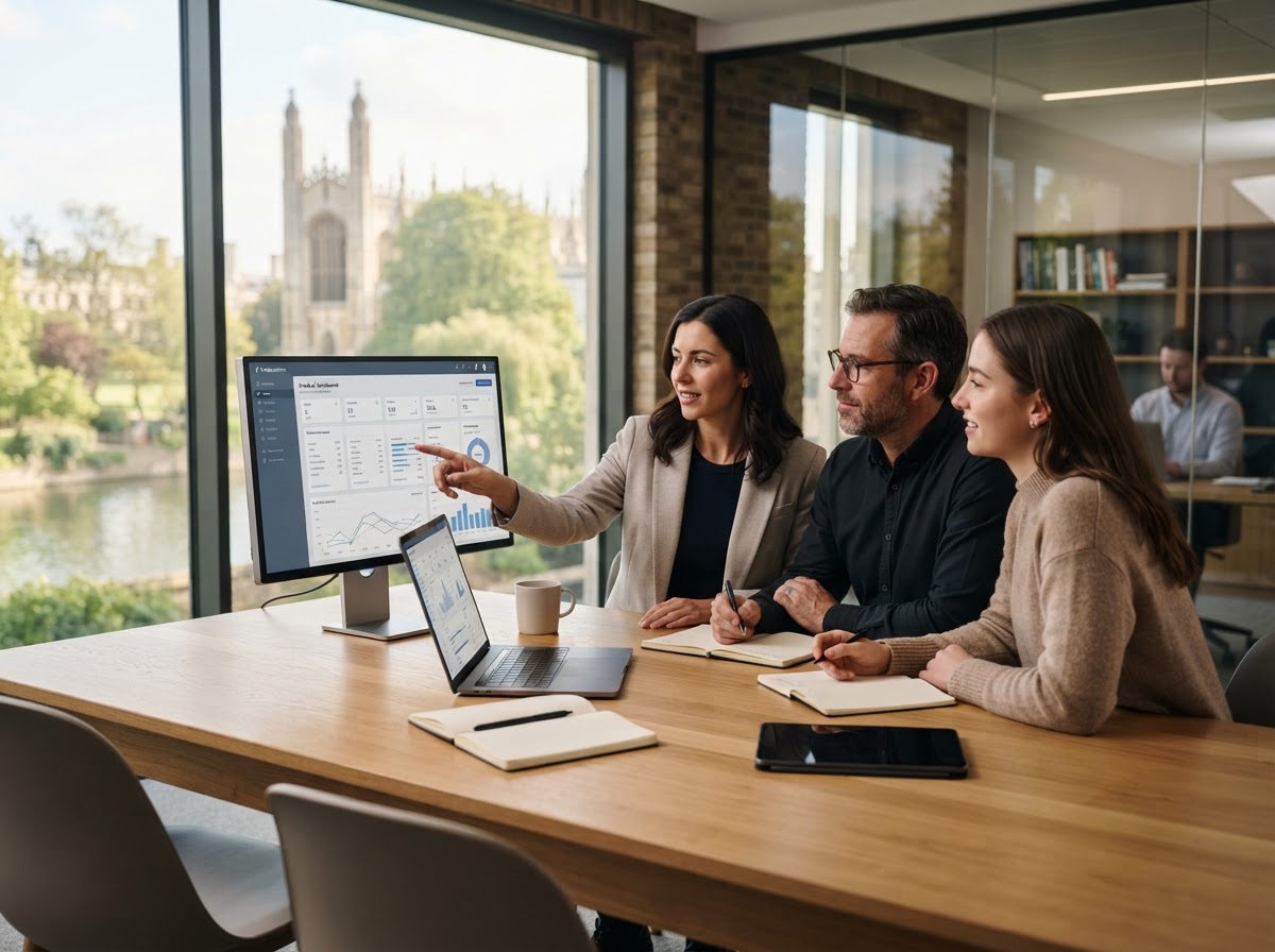 Fenstanton team reviewing predictive analytics dashboards in a professional office setting